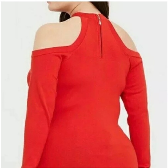 4X Red Orange Torrid Cold Shoulder Sweater w/ Long Sleeves & Back Zip - Picture 2 of 7